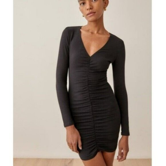Reformation NEW Cally Stretch Cotton Long Sleeve Mini Dress In Black Size XL - Picture 4 of 9